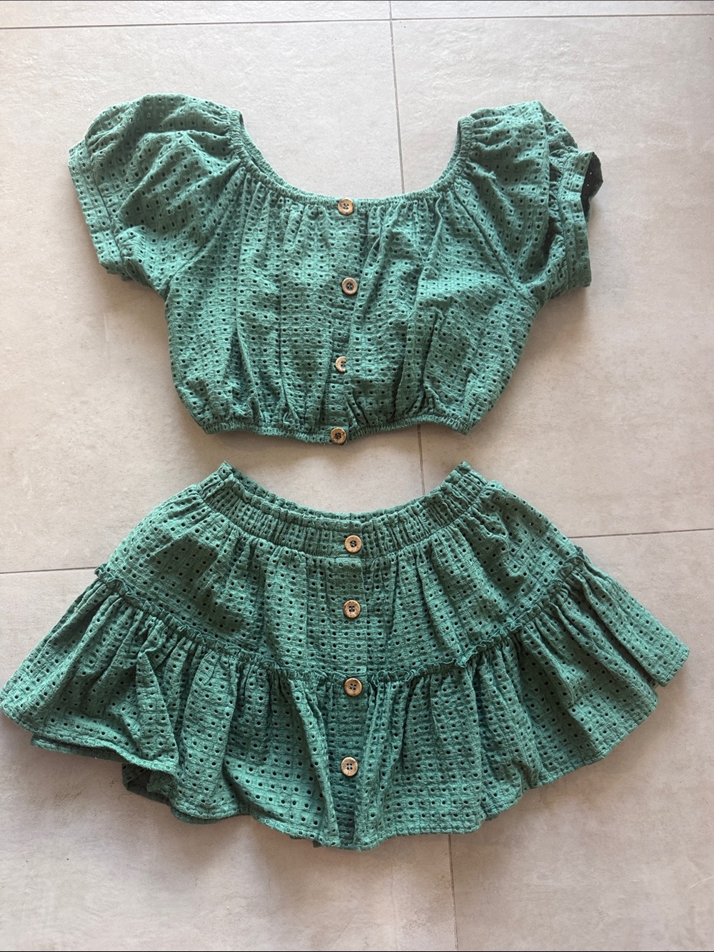 Eberjey Green Eyelet Button-Front Crop Top & Tiered Skirt Set